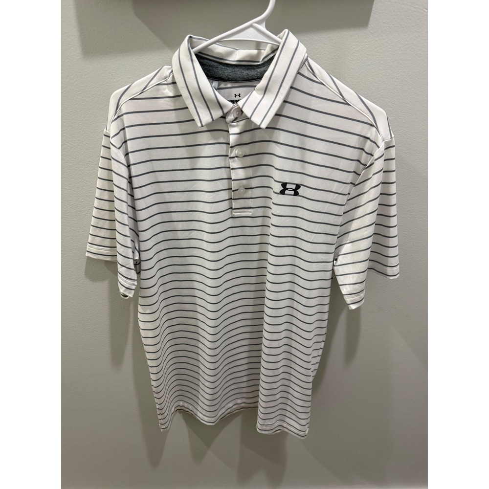 Under Armour Mens Loose Fit Striped Golf Polo Shirt White Grey Medium
